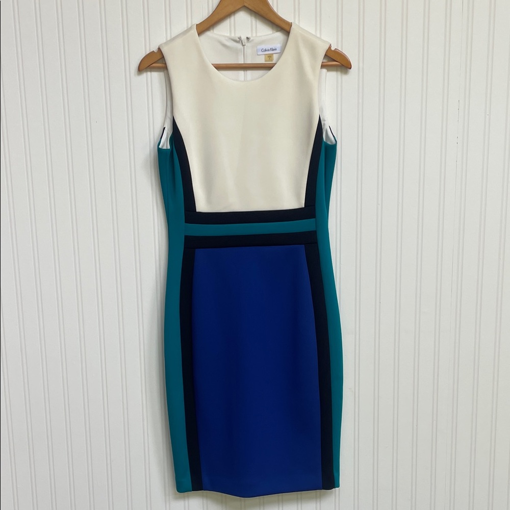 Calvin Klein Ivory, Teal & Royal Blue Colorblock Sheath Dress
